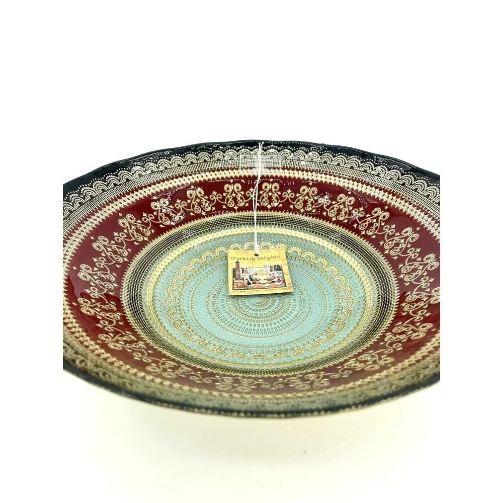 Turkish Delights Glass Bowl Serving Dinner Red Blue Gold Handmade 11.75” NWT